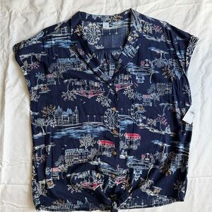 NWT Old Navy Dark Blue Scenic Print Button Down Shirt